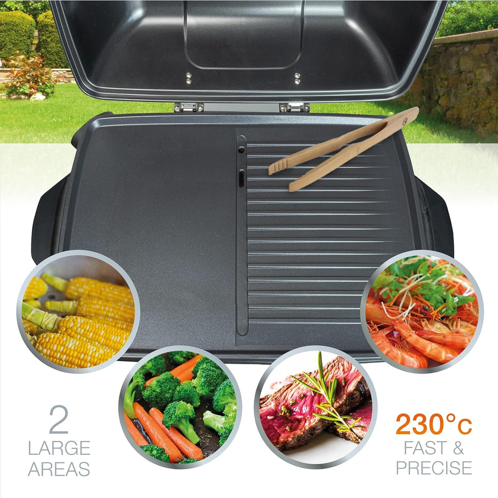 Korona 46222 Elektro-Standgrill mit Rollen | 2400 Watt Elektrogrill | Geteilte XXL Grillfläche, geriffelt und glatt | mit Deckel und Temperaturanzeige