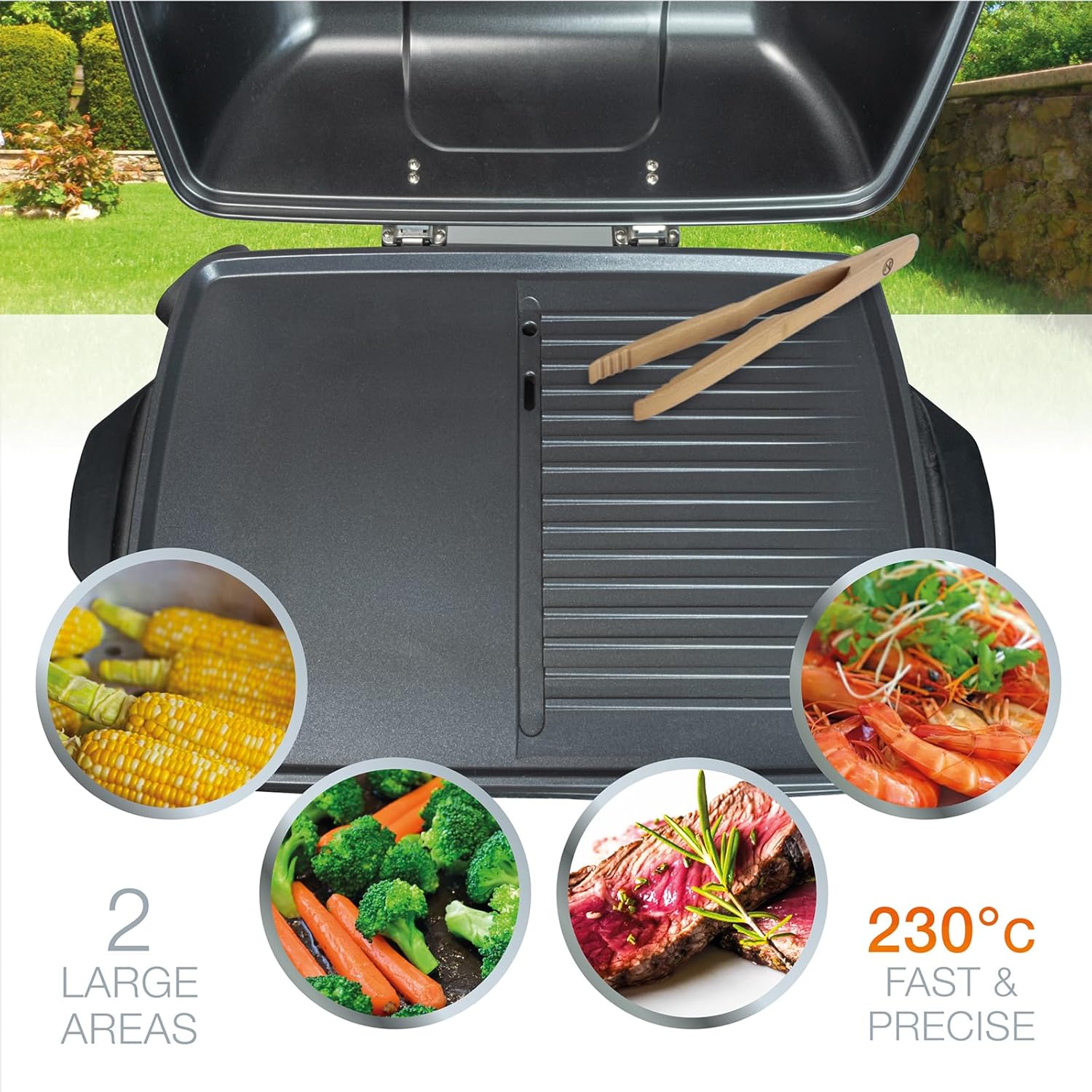 Korona 46222 Elektro-Standgrill mit Rollen | 2400 Watt Elektrogrill | Geteilte XXL Grillfläche, geriffelt und glatt | mit Deckel und Temperaturanzeige