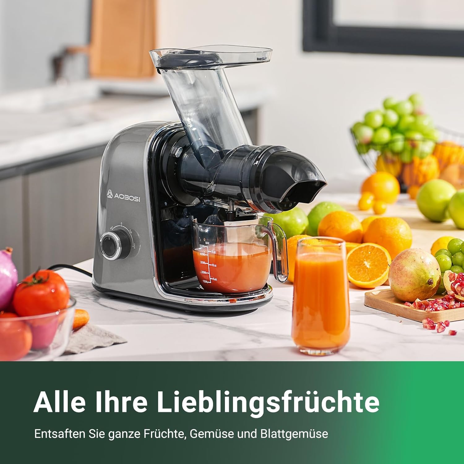 【Neues】Entsafter AOBOSI-Slow juicer mit 2 Geschwindigkeitsstufen-Entsafter gemüse und obst mit 8 stufiger Schnecke-Saftpresse mit Reinigungsbürste&2 Bechern-Obstpresse mit Reversierfunktion