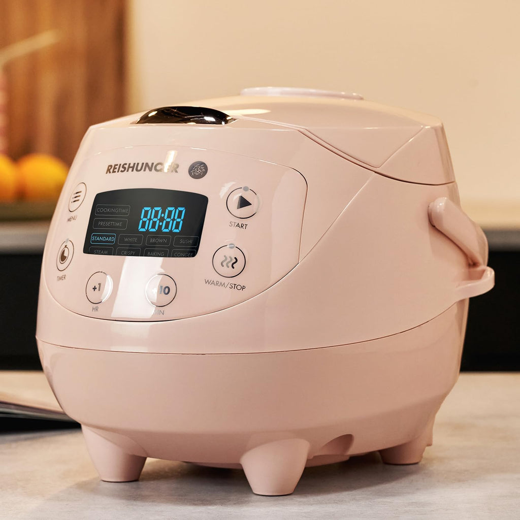 REISHUNGER Cuociriso digitale piccolo, nero | Da 0,6 L fino a 3 persone | Funzione mantenimento calore, timer e pentola premium | Multicooker e vaporiera piccoli, 8 programmi, tecnologia a 7 fasi
