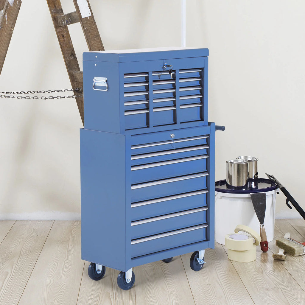 HOMCOM Carrello Portautensili Carrello da Officina a 16 Cassetti con Ruote e Chiusura a Chiave