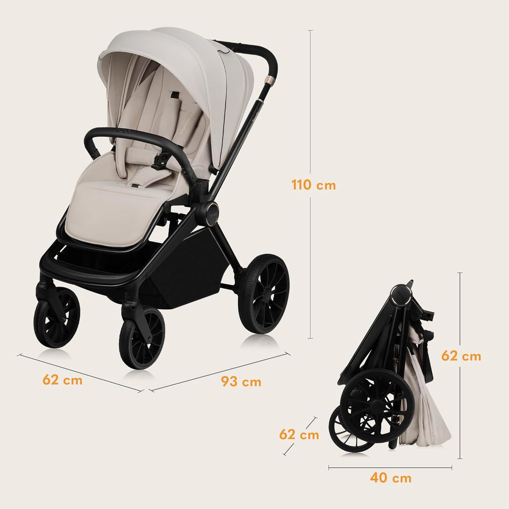 Passeggino LIONELO MIKA PLUS 3-in-1, da 0 a 48 mesi, fino a 22 kg, navicella fino a 9 kg, seggiolino auto fino a 13 kg, schienale regolabile, ammortizzazione, ruote a 360°, cappottina XXL