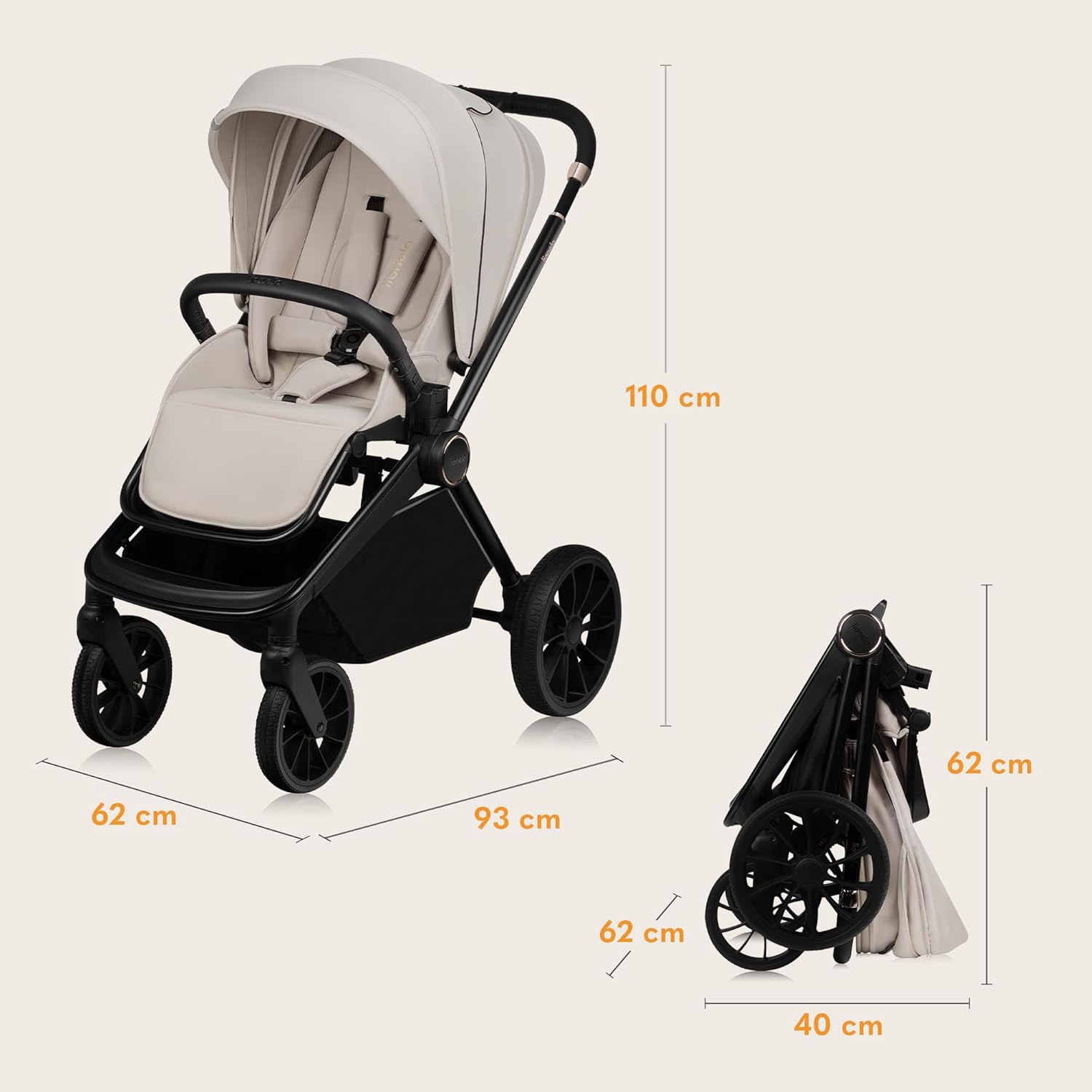 Passeggino LIONELO MIKA PLUS 3-in-1, da 0 a 48 mesi, fino a 22 kg, navicella fino a 9 kg, seggiolino auto fino a 13 kg, schienale regolabile, ammortizzazione, ruote a 360°, cappottina XXL