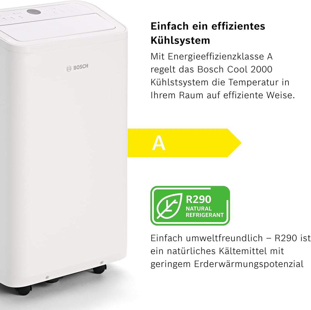 Bosch Cool 4000 Climatizzatore Mobile - 3-in-1: Climatizzatore, Deumidificatore, Ventilatore - 2,6 kW per ambienti fino a 35m² - Con modalità automatica, silenziosa e notturna