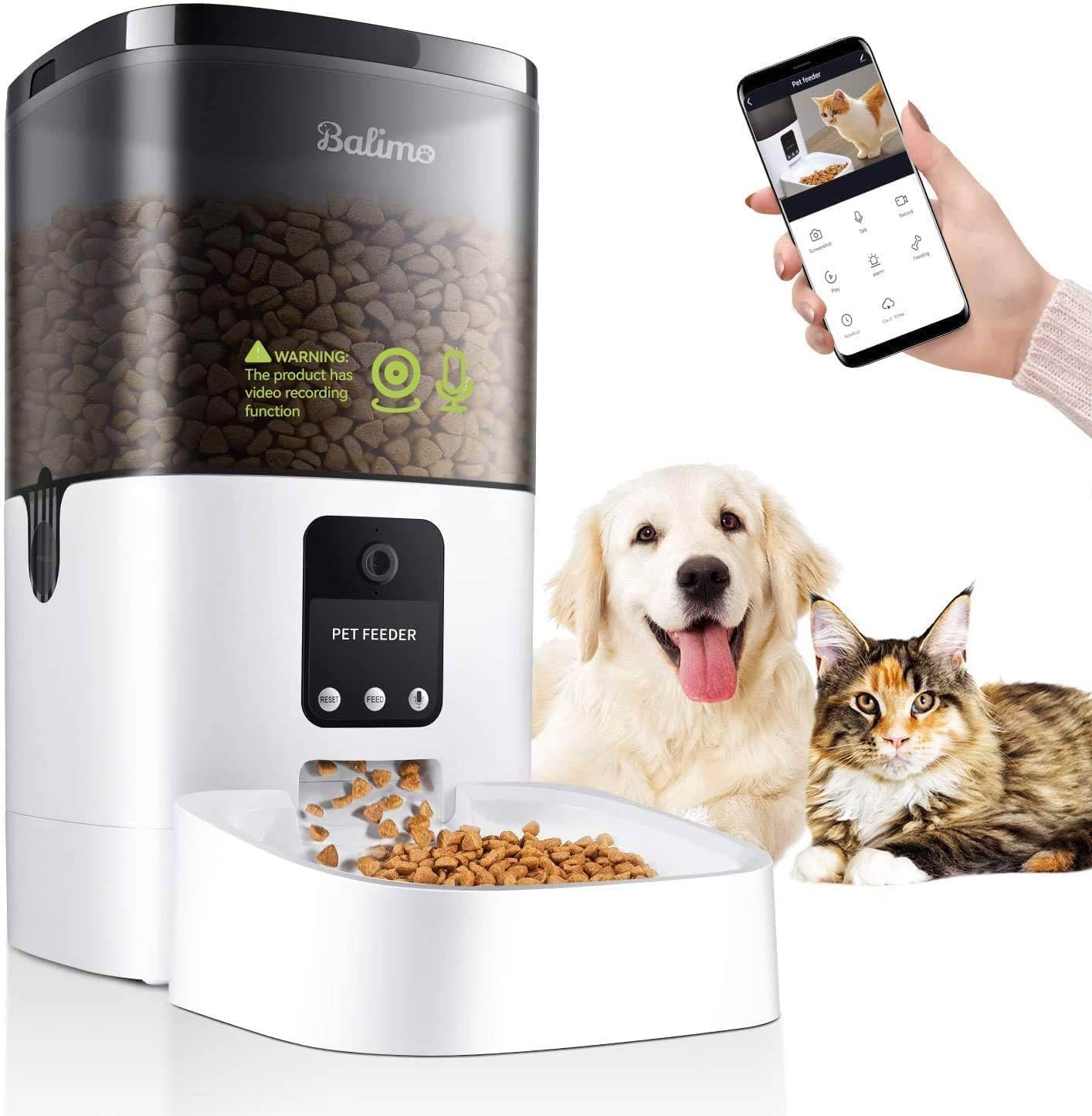 Balimo Futterautomat Katze mit HD 1080P Video, 2,4 G WLAN Katzenfutter Automat mit APP Steuerung und Nachtsicht, 4L futterspender Katze, Katzen Futterautomaten mit Edelstahlnapf, 8 Mahlzeiten pro Tag