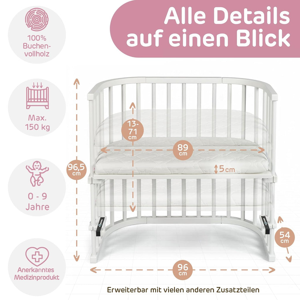 babybay Original Lettino da affiancare in massello di faggio / compatto e trasformabile / Lettino per bambini regolabile in altezza senza livelli preimpostati ed ecologico / Lettino evolutivo (laccato bianco) / inclusa Matratze