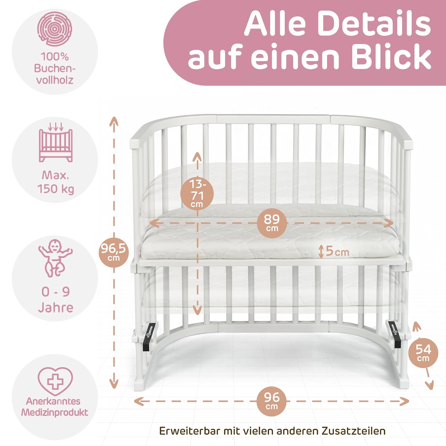 babybay Original Lettino da affiancare in massello di faggio / compatto e trasformabile / Lettino per bambini regolabile in altezza senza livelli preimpostati ed ecologico / Lettino evolutivo (laccato bianco) / inclusa Matratze