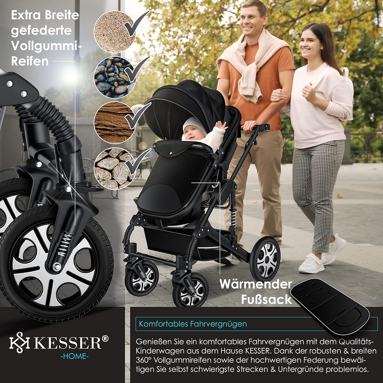 KESSER Passeggino trio Loops 3 in 1, set completo con navicella, seduta sportiva e seggiolino auto con pneumatici in gomma piena, borsa fasciatoio, parapioggia, tavolino, ECE R129, nero/champagne