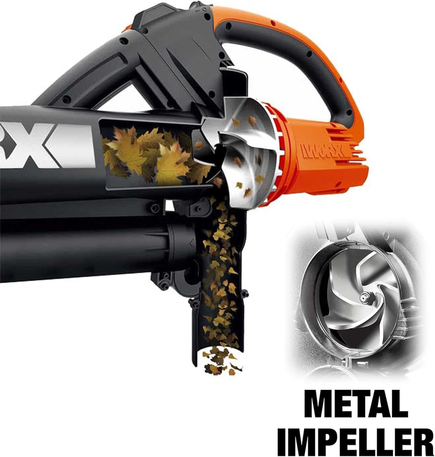 WORX WG583E.9 Soffiatore/Aspiratore per Foglie a Batteria 40V (2x20V) - 2 in 1 per Spazzare e Aspirare le Foglie - Sacco di Raccolta da 35L - Senza Batteria e Caricabatterie, Nero / Arancione