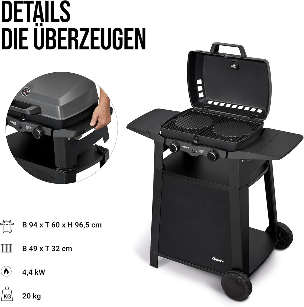 Enders Gasgrill Urban II Pro, barbecue da tavolo, funzione grill, cottura e forno, 2 bruciatori in acciaio inox, con termometro per grill, barbecue da balcone e campeggio, corpo in alluminio pressofuso, griglia in ghisa, #2062