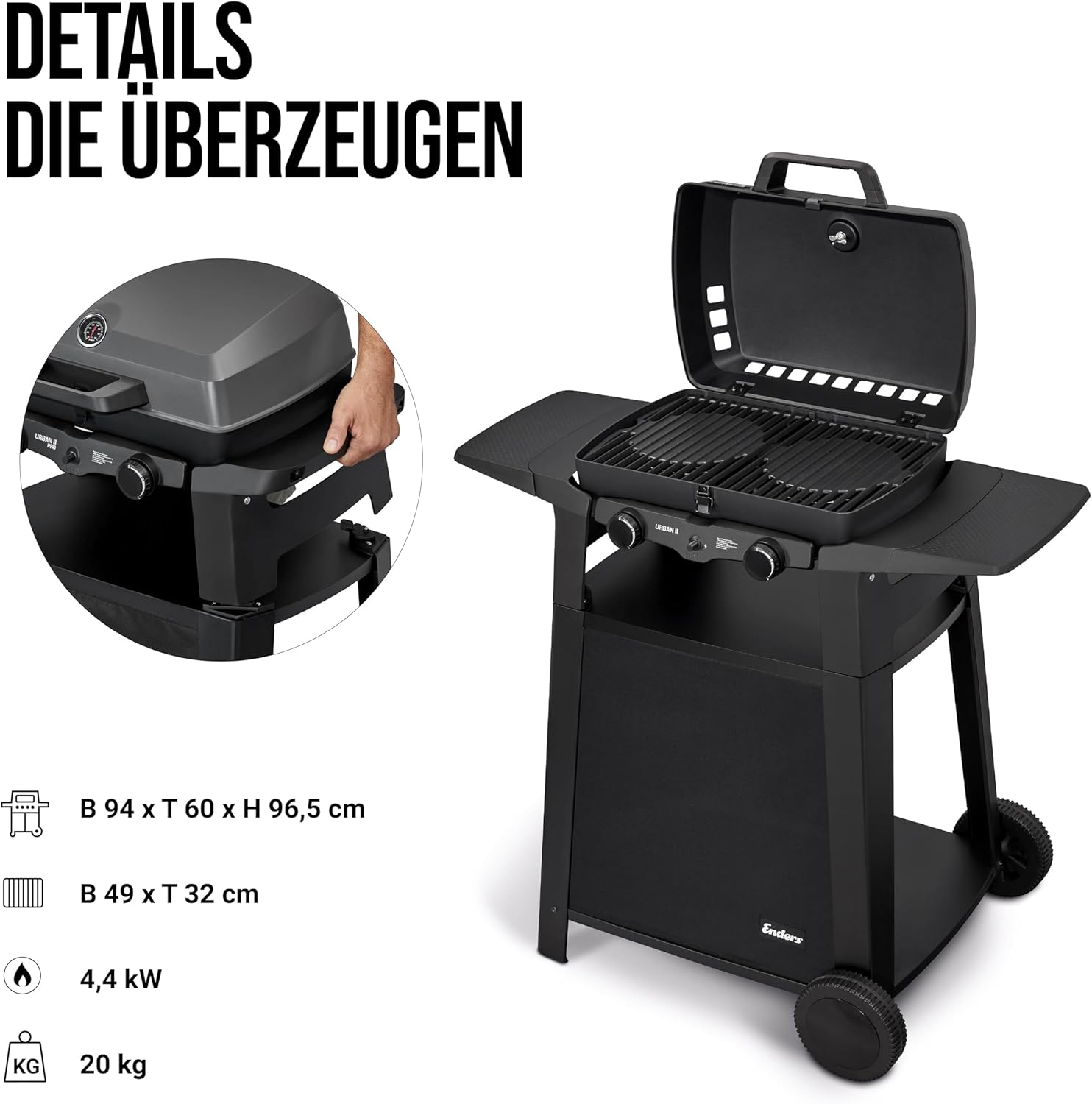 Enders Gasgrill Urban II Pro, barbecue da tavolo, funzione grill, cottura e forno, 2 bruciatori in acciaio inox, con termometro per grill, barbecue da balcone e campeggio, corpo in alluminio pressofuso, griglia in ghisa, #2062