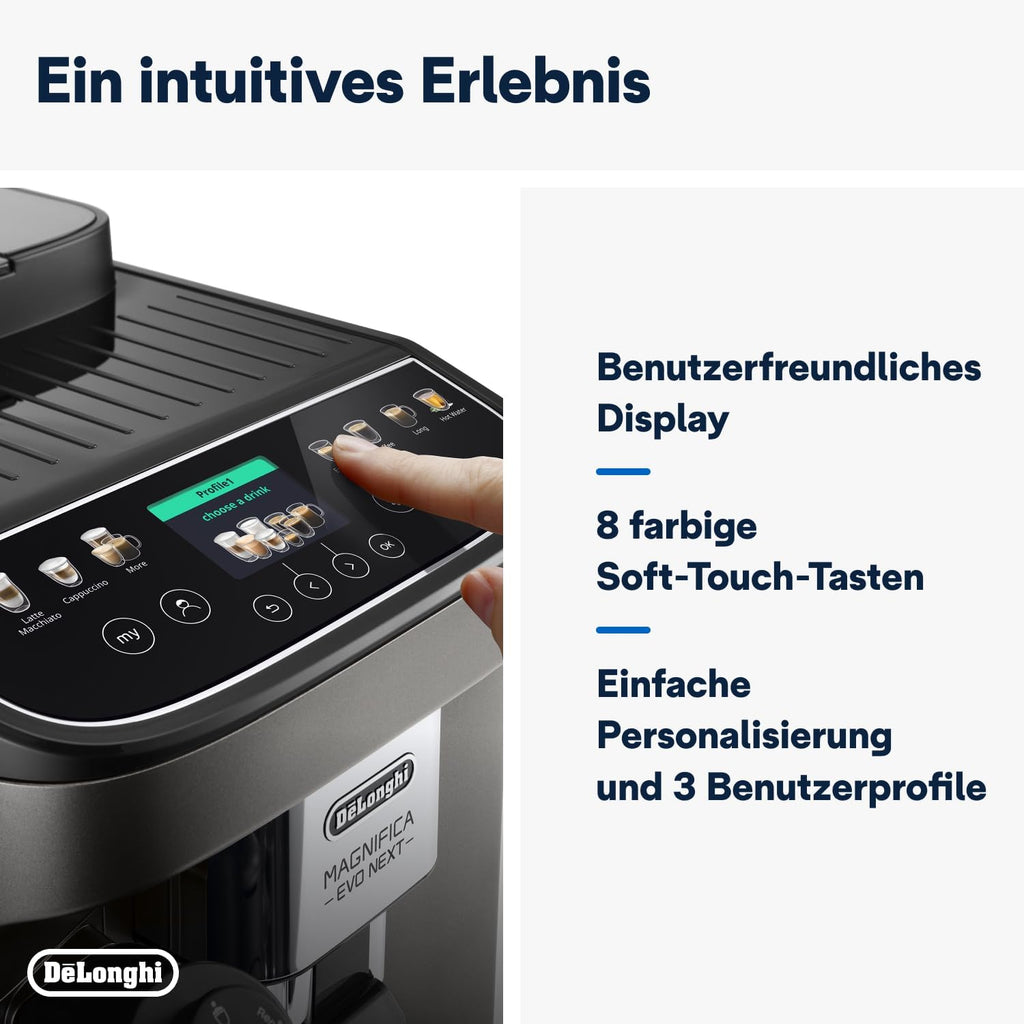 De'Longhi Magnifica Evo ECAM292.81.SB, macchina da caffè automatica con sistema latte, 7 tasti per selezione diretta di cappuccino, espresso e altre specialità di caffè, pannello di controllo, funzione 2 tazze, argento/nero