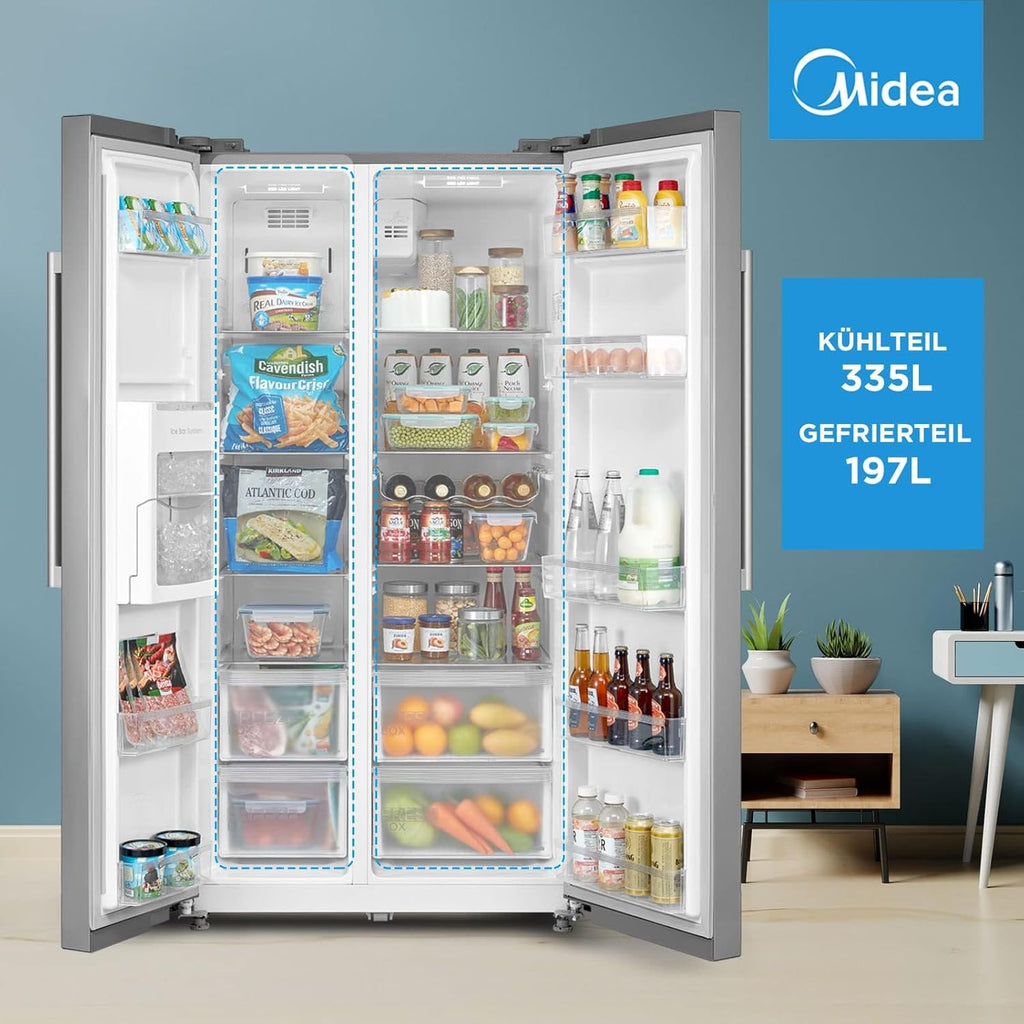 Midea KS-DDX 6.32 WT Frigorifero Side-by-Side con Congelatore/Altezza 178,8 cm/254 kWh/anno/No Frost/Compressore Dual Inverter/con Distributore di Acqua e Ghiaccio 3-in-1 e Serbatoio d'Acqua, Inox Scuro