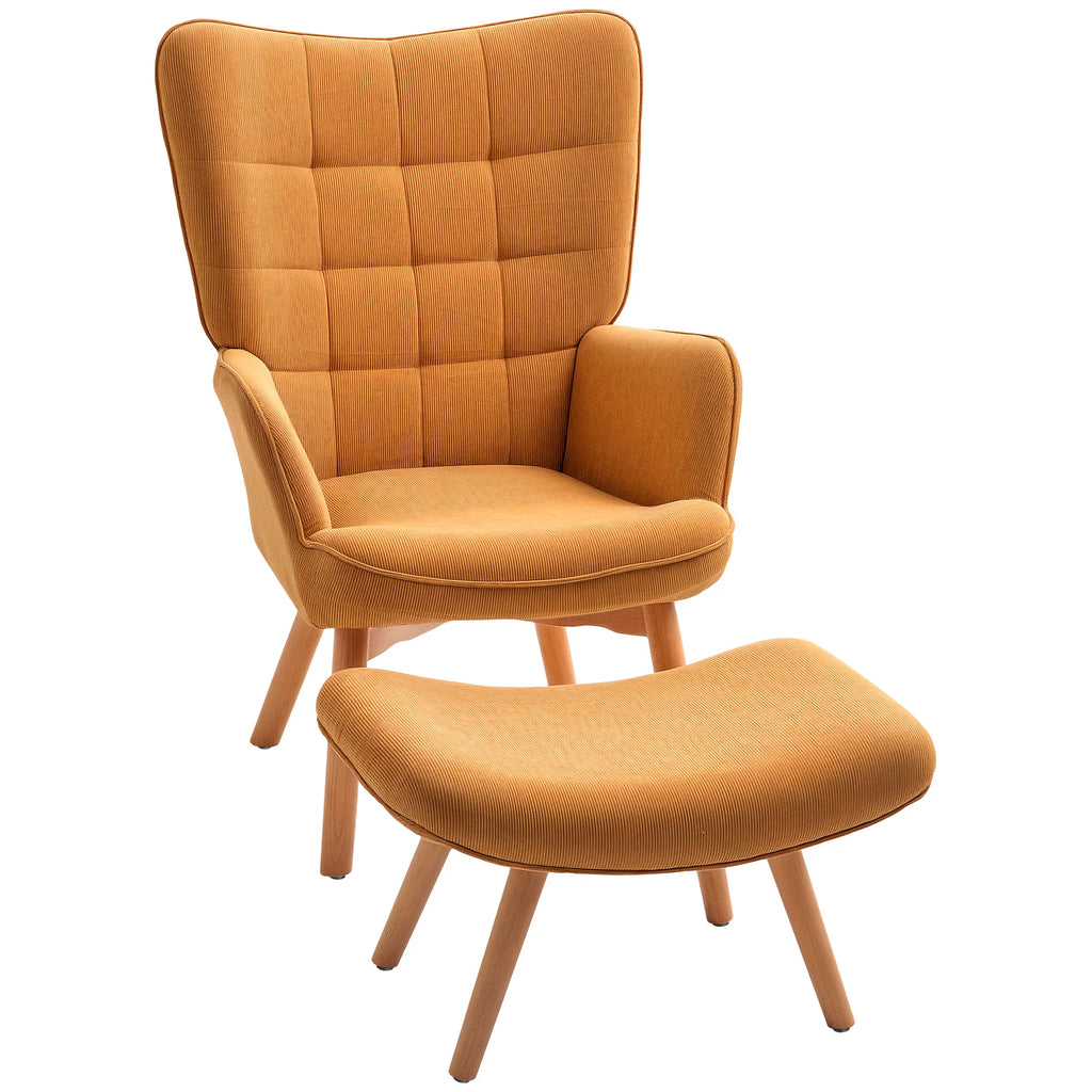 HOMCOM Poltrona Relax con Poggiapiedi, Set Poltrona Bergère in Legno di Faggio Effetto Velluto a Coste Marrone