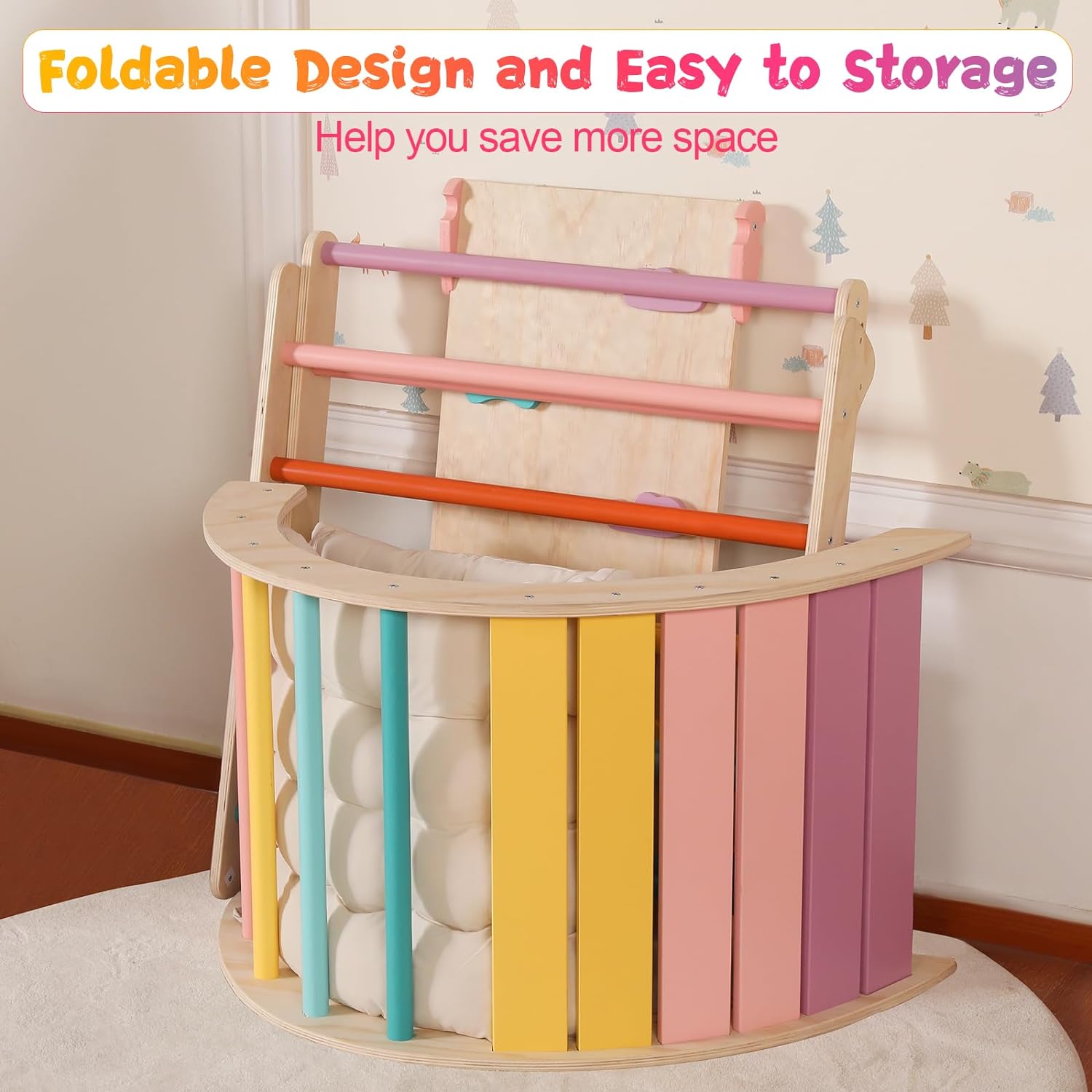 Set di triangoli con cuscino, set da arrampicata Montessori 5 in 1 pieghevole, set da arrampicata per interni per bambini, giocattolo da arrampicata in legno con rampa e arco da arrampicata per bambini (colore legno)