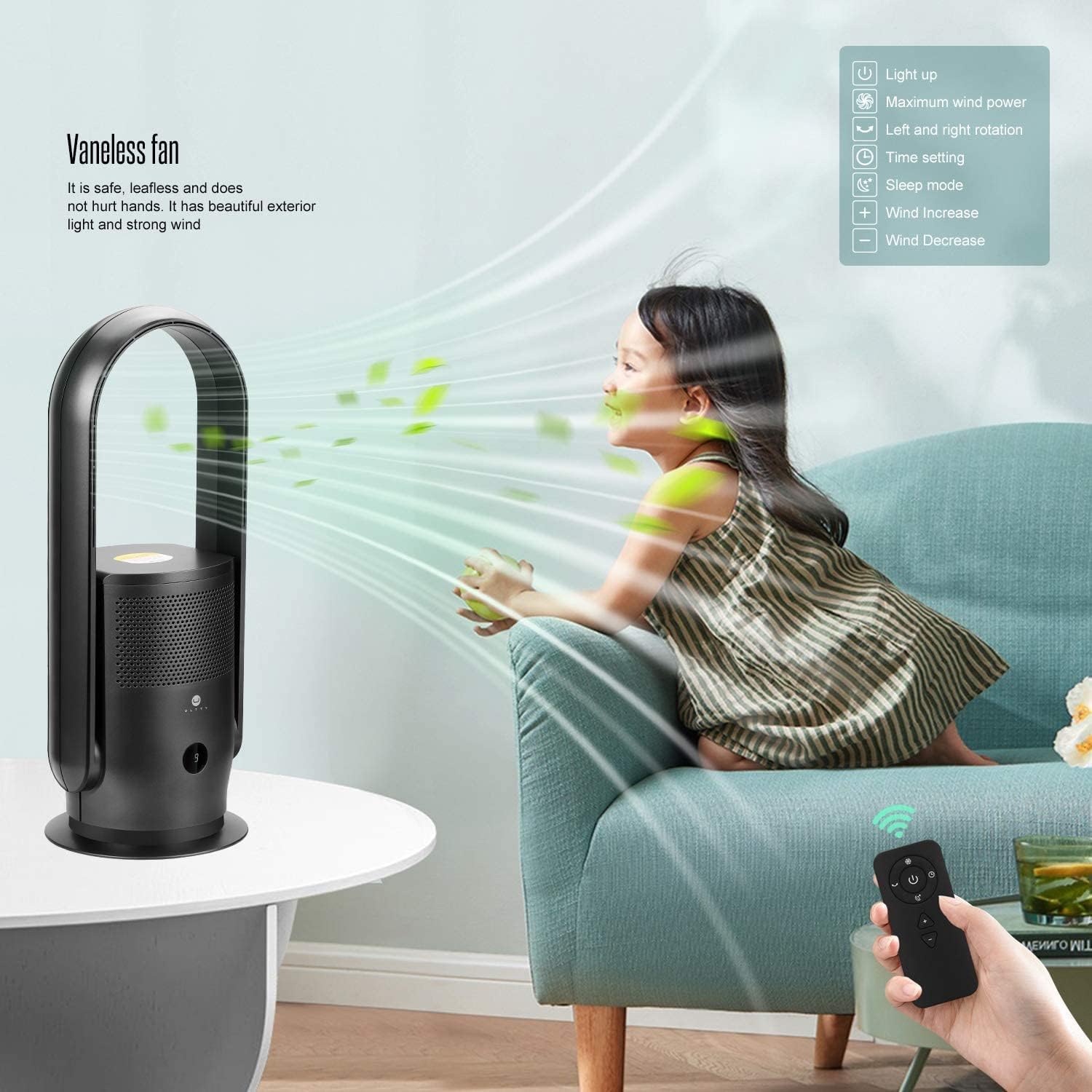 Ventilatore senza pale con purificatore d'aria, ventilatore a torre silenzioso Ultty con telecomando, touch, timer 8H, filtro HEPA 99,97%, ventilatore senza pale oscillante a 90° e alto 80 cm per camera da letto e casa, CR022 Bianco