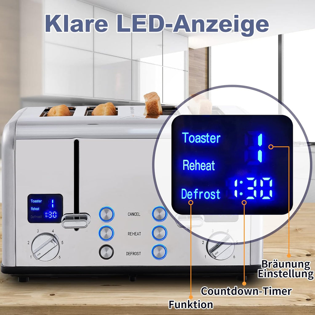 Tostapane 4 Fette, CUSIMAX Tostapane in acciaio inox con display a LED, 4 fessure extra larghe tostapane nero, 2 pannelli di controllo individuali con 6 livelli di doratura, funzione annulla, riscalda e scongela