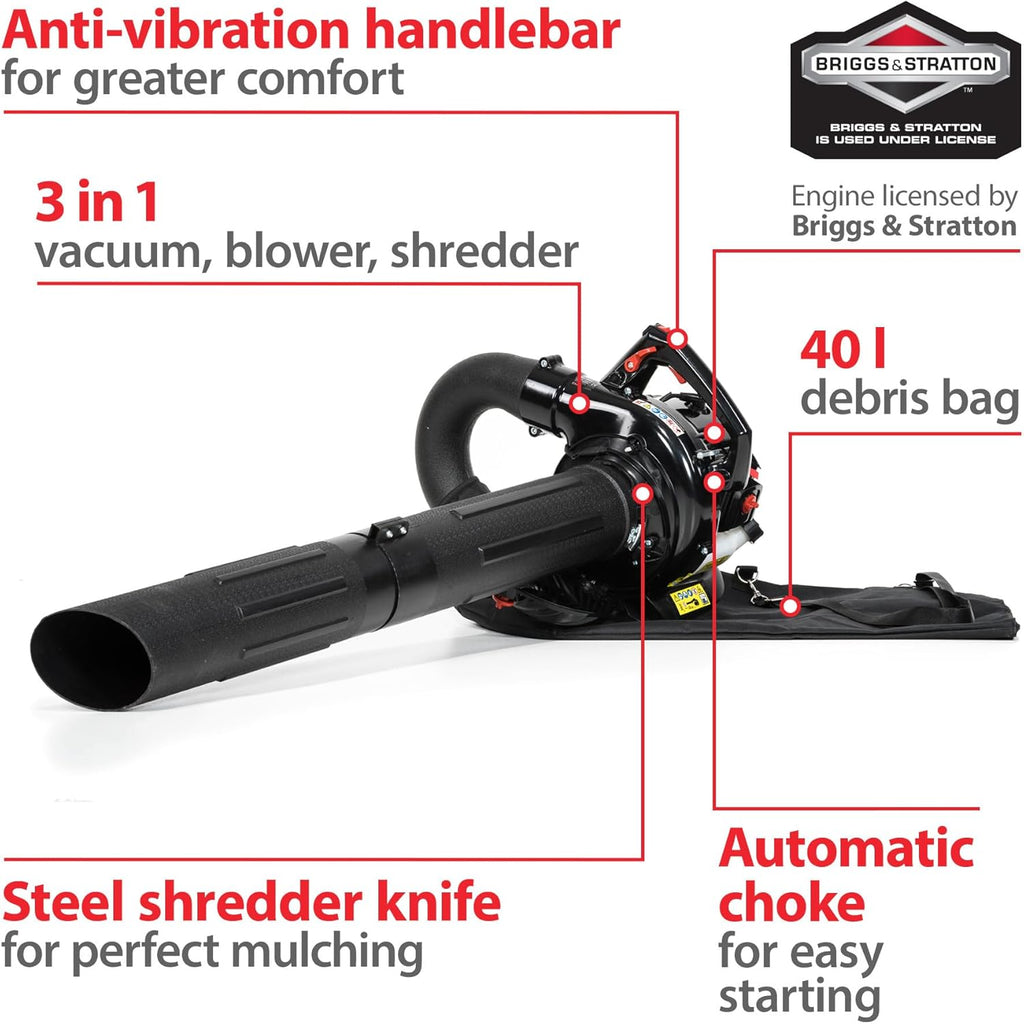 NAX Power Products Soffiatore/Aspiratore a Benzina NAX 950V Motore 25 cm3 0,75kW Sacco Raccolta 40l Prodotto con licenza Briggs & Stratton