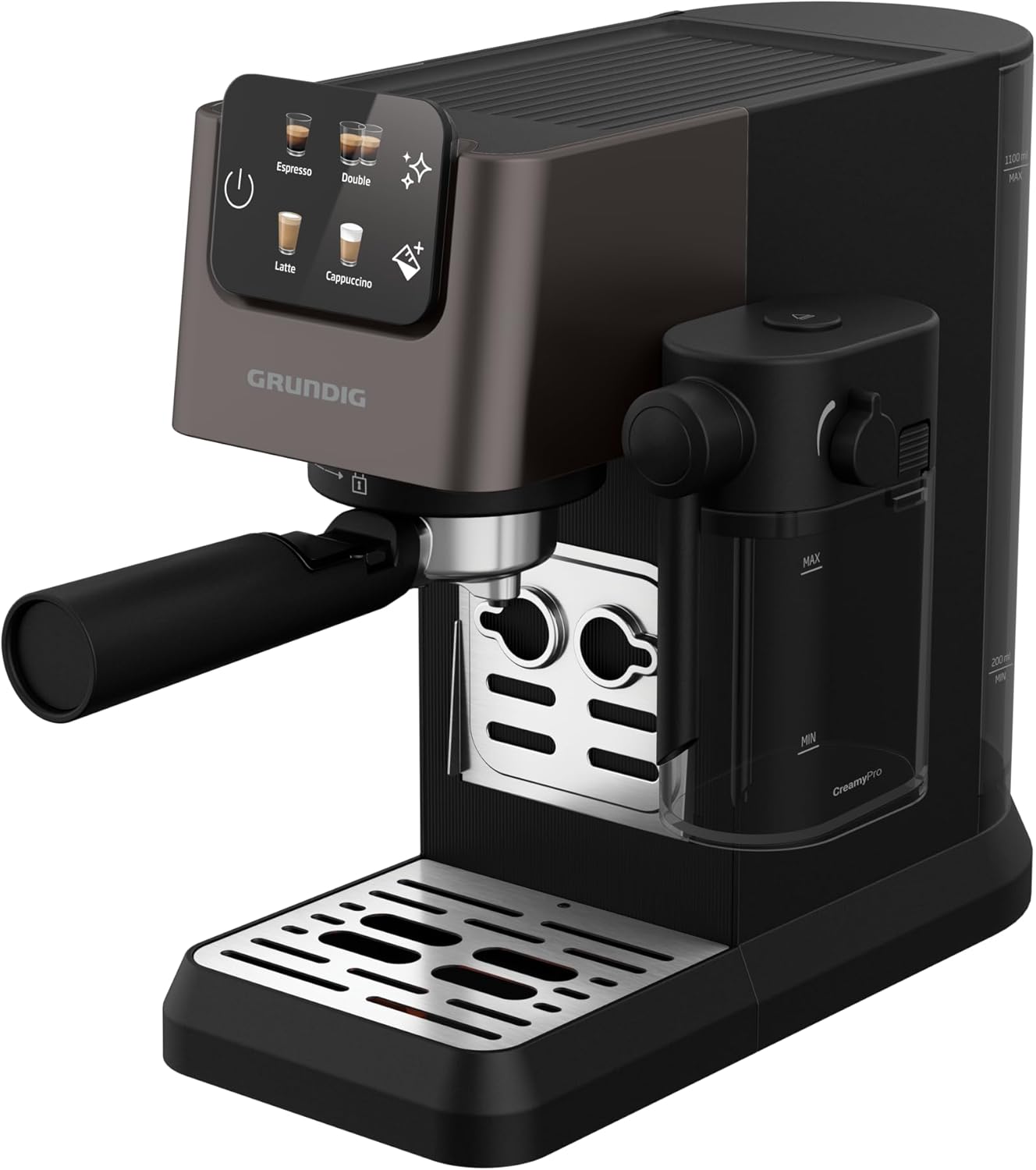 GRUNDIG KSM 5330 Macchina da caffè con portafiltro e contenitore per il latte integrato, 1628 W di potenza, 15 bar di pressione della pompa, ugello doppio, display touch a colori, BrewSense, CreamyPro, Inox scuro/Nero