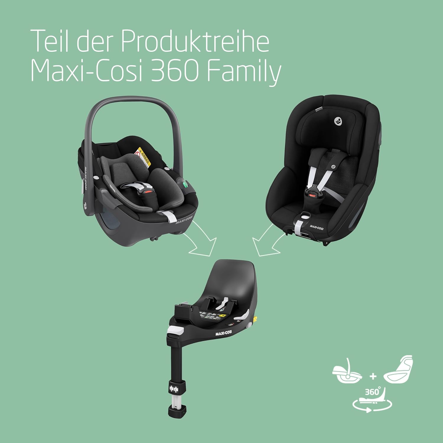 Maxi-Cosi Pebble 360 i-Size Babyschale Drehbar, Neugeborenen Autositz 360 Grad, 0–15 Monate (40–83 cm), Drehung mit einer, ClimaFlow, Easy-In-Gurt, G-CELL Seitenaufprallschutz, Essential Graphite