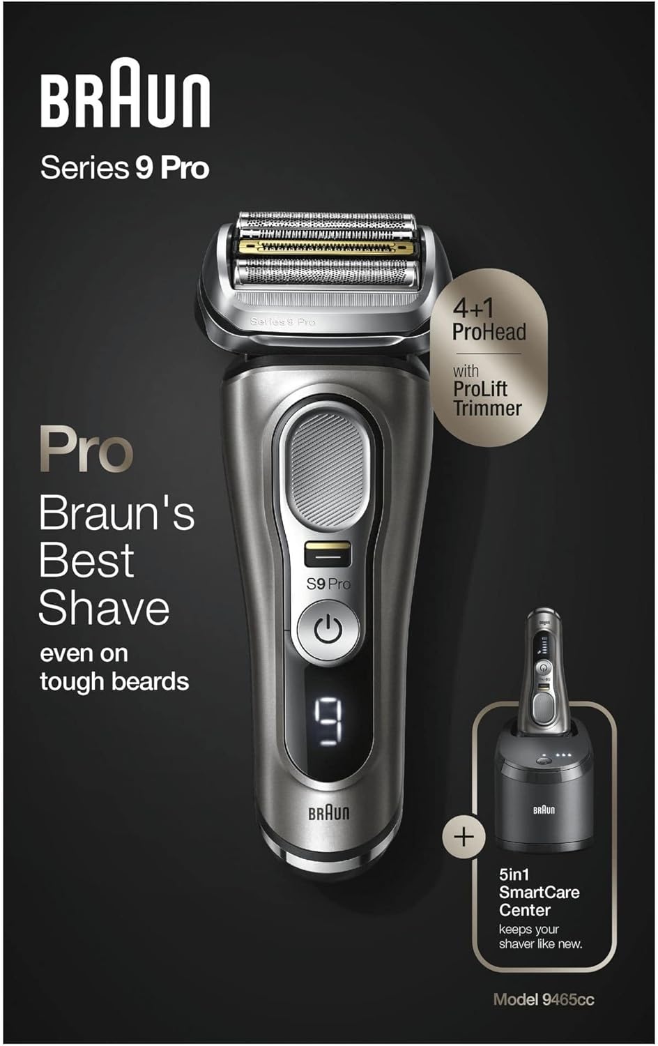 Braun Series 9 Pro Rasoio Elettrico da Uomo, Testato da Stiftung Warentest, con Testina Radente 4+1, Stazione di Ricarica, Regolabarba e 60 Minuti di Autonomia, 9465cc, Metallo Nobile