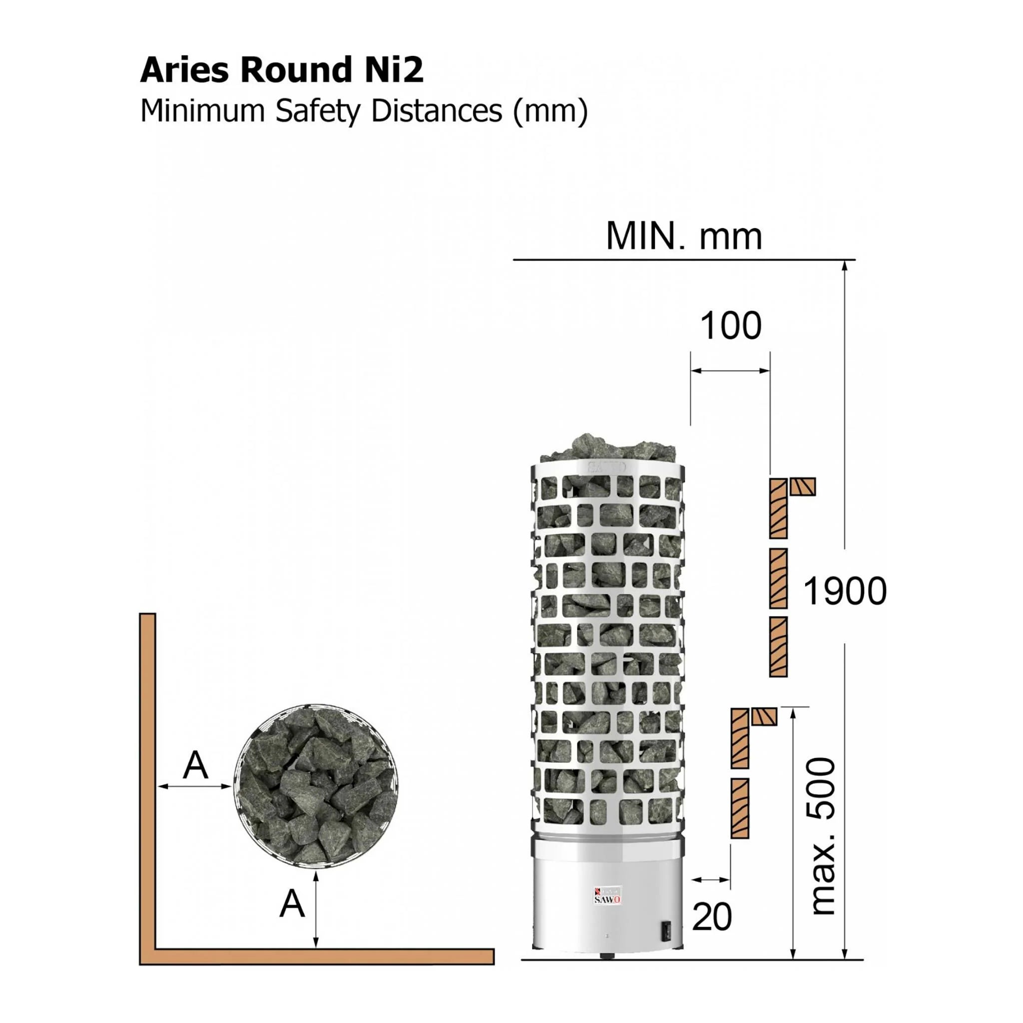 SAWO Stufa Elettrica per Sauna Aries Round Ni2, 6kW, 5-9m, comando separato