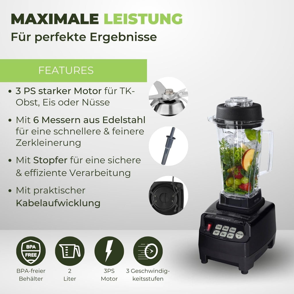 OmniBlend Frullatore 2L nero I Frullatore per smoothie con contenitore senza BPA e sistema a 6 lame in acciaio inox I Frullatore ideale per smoothie verdi I Frullatore da tavolo con motore da 3 CV