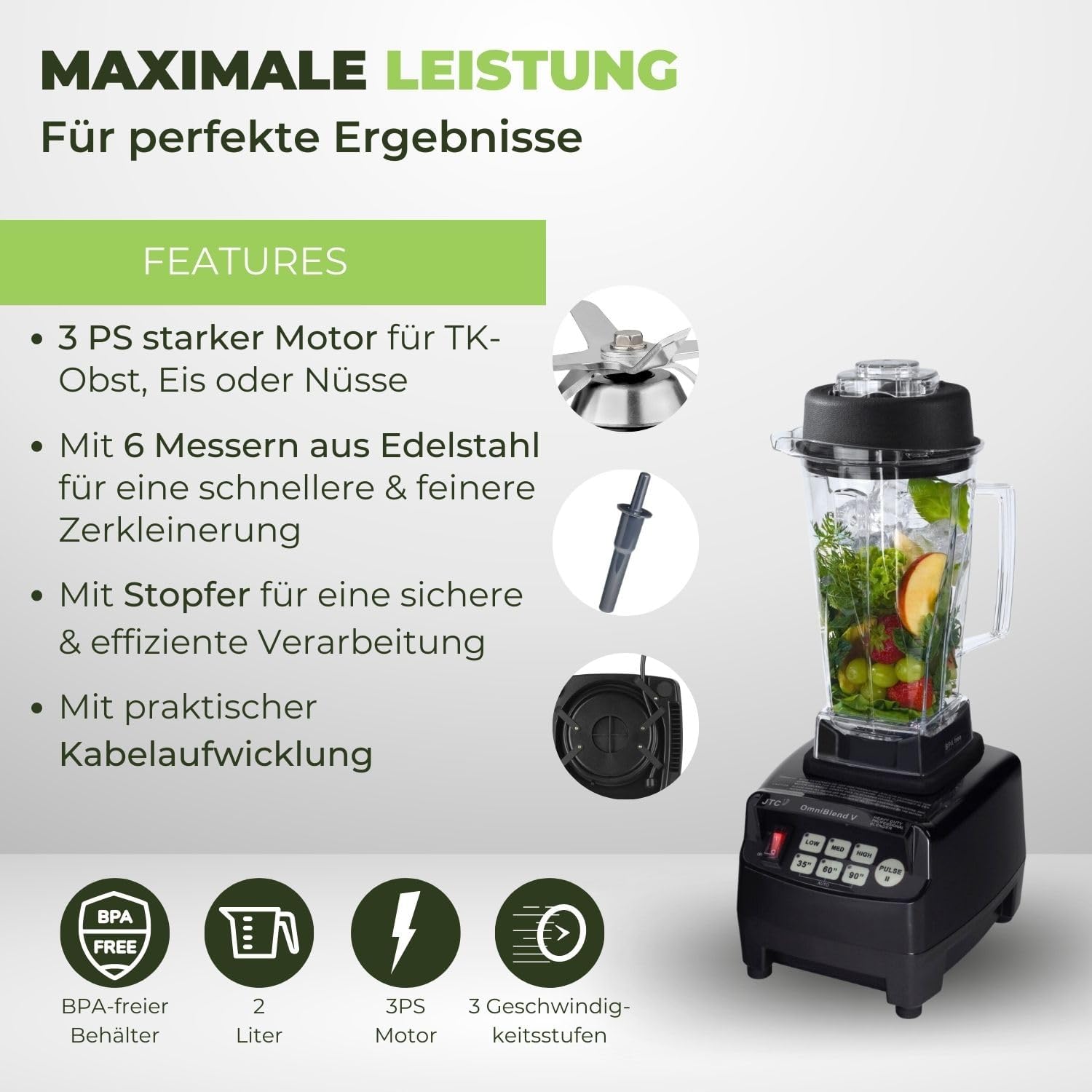 OmniBlend Frullatore 2L nero I Frullatore per smoothie con contenitore senza BPA e sistema a 6 lame in acciaio inox I Frullatore ideale per smoothie verdi I Frullatore da tavolo con motore da 3 CV