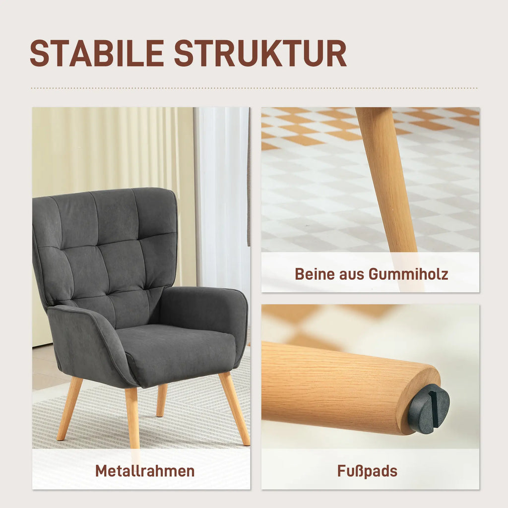 HOMCOM Poltrona imbottita per lounge, con trapuntatura confortevole, gambe in legno, velluto grigio