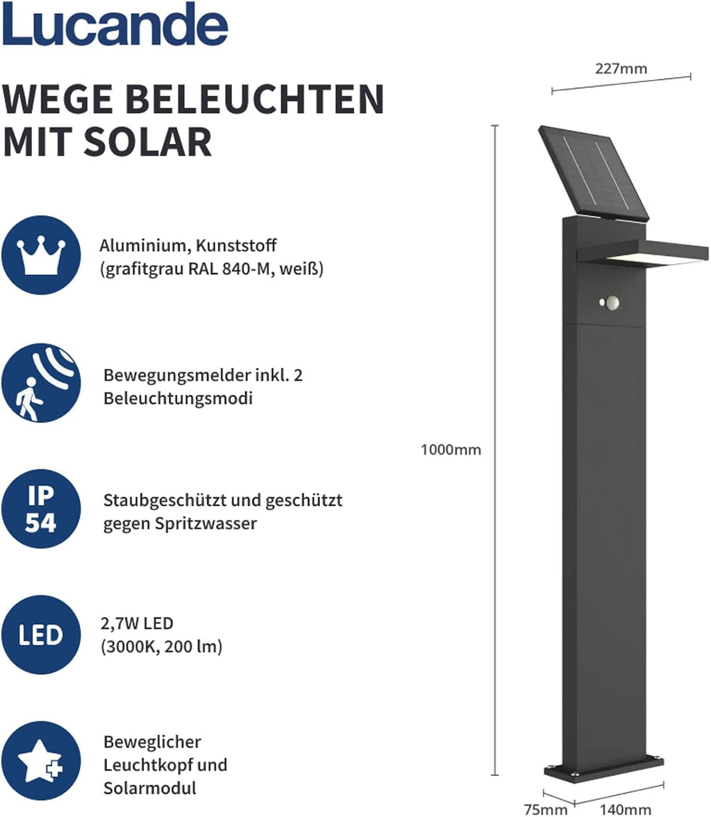 Lucande LED Solarleuchten 'Silvan' mit Bewegungsmelder (spritzwassergeschützt) (Modern) in Alu aus Aluminium (1 flammig,) - Solarlampe, Solarleuchte Garten