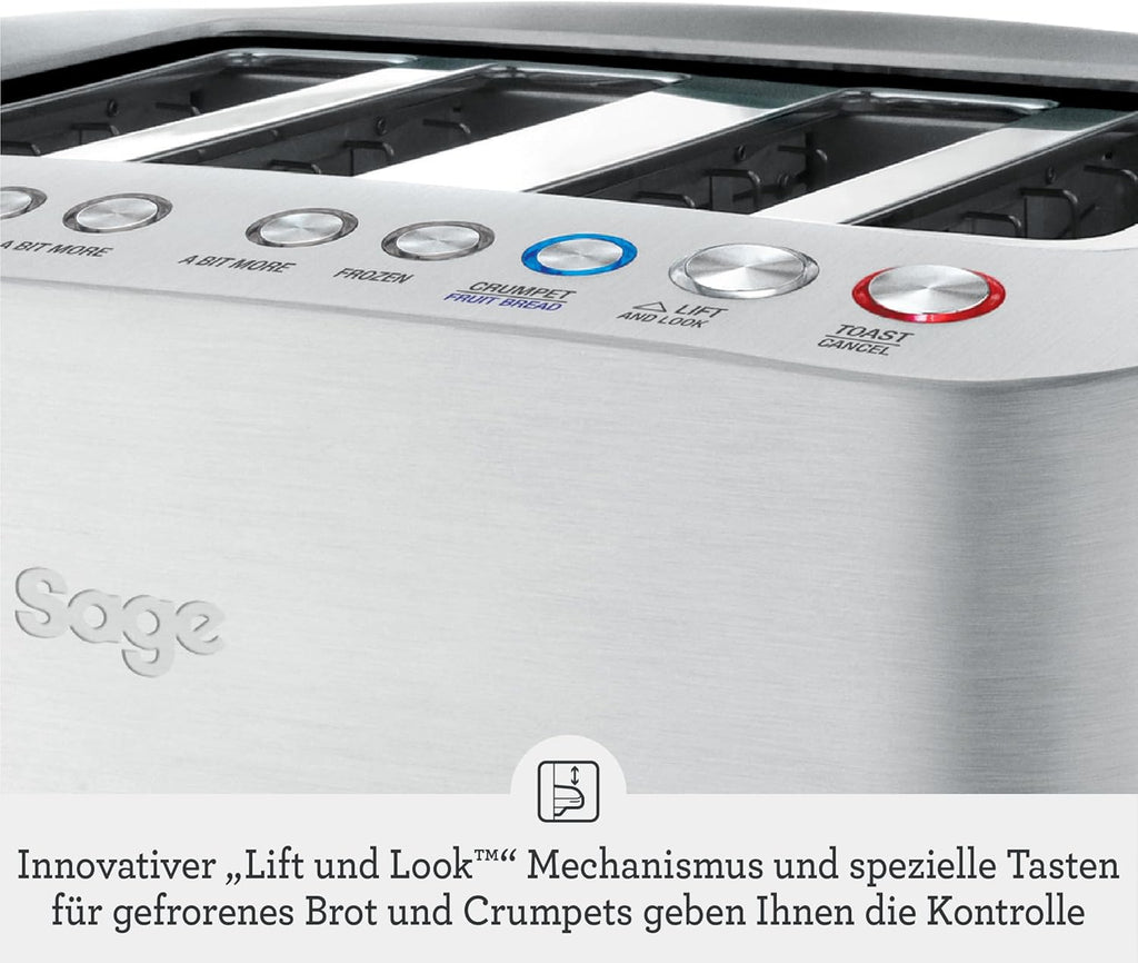 Sage - The Smart Toast - 2-Scheiben - Toaster mit Extra-Breiten Schlitzen - 5 Einstellungen, Schnelle Reinigung, Absenken auf Knopfdruck - Bräunungsgradkontrolle, Liftfunktion - Gebürstetes Aluminium