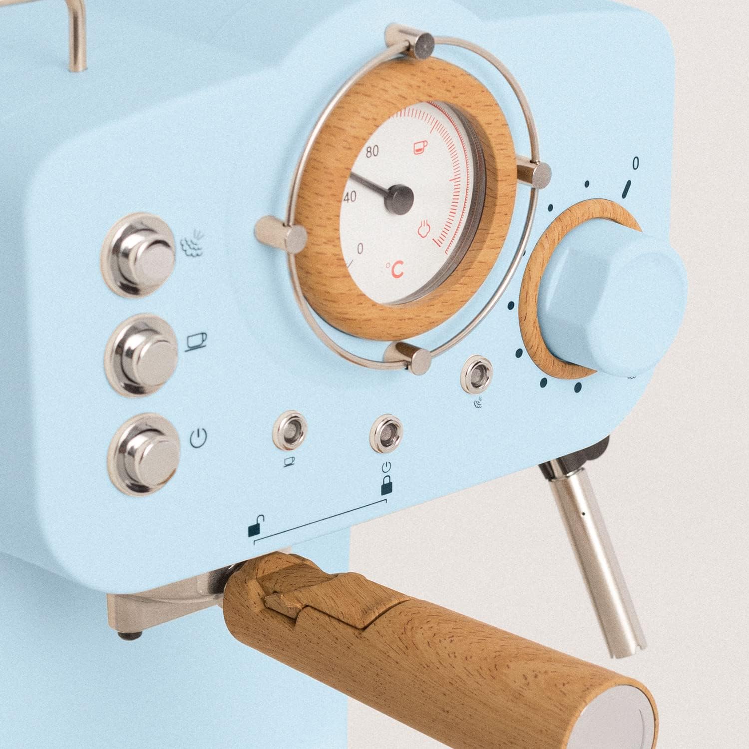 CREATE / THERA RETRO/Macchina da caffè espresso semiautomatica Rosa Pastello Opaco e Legno / Pompa a pressione 20bar, 1100W, Serbatoio acqua 1.25L, per caffè macinato, cialde ESE 55mm, con vaporizzatore, 1100W