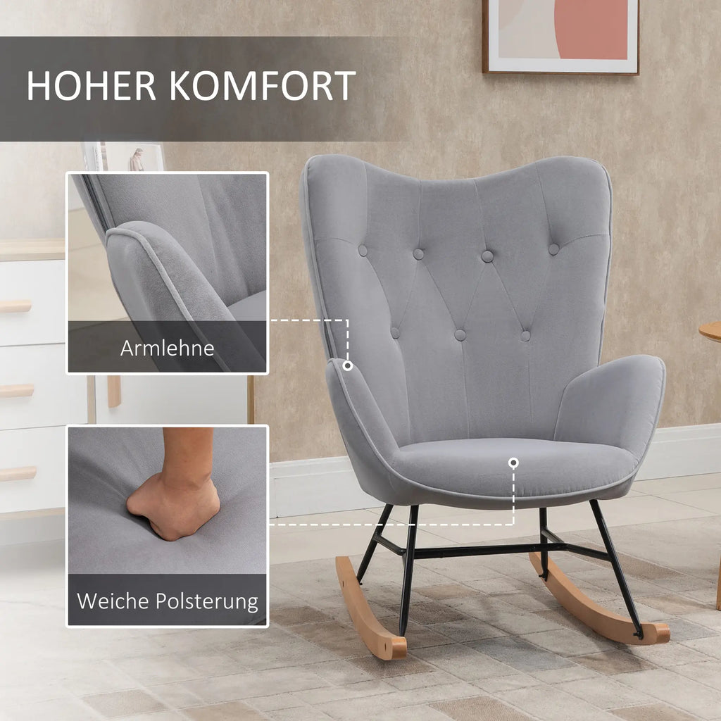 HOMCOM Sedia a Dondolo in Velluto con Schienale Alto Stile Scandinavo Grigio Chiaro
