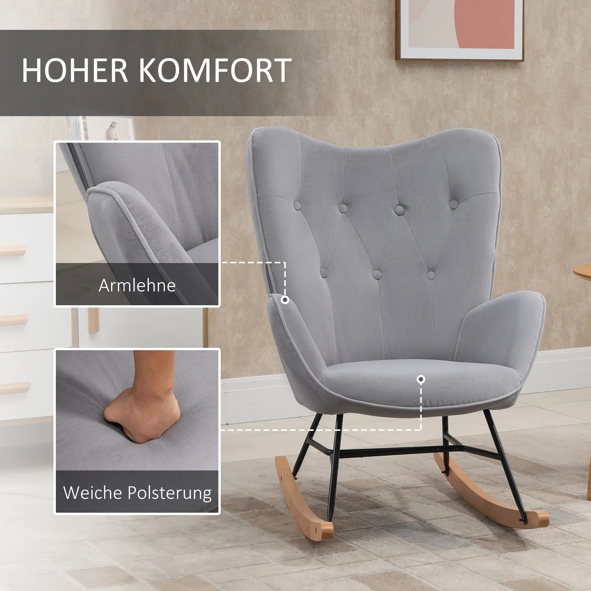 HOMCOM Sedia a Dondolo in Velluto con Schienale Alto Stile Scandinavo Grigio Chiaro