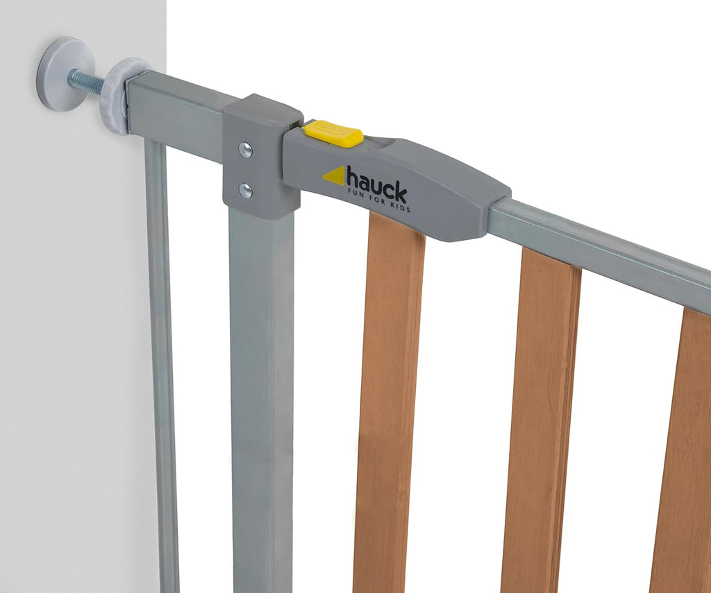 hauck Treppenschutzgitter / Türschutzgitter mit Holzoptik Woodlock 2 mit 9 cm Verlngerung für Breiten 84 - 89 cm, ohne Bohren, 0-24 Monate, Einhndiges ffnen, Beidseitig Schwenkbar, Metall (Silver)