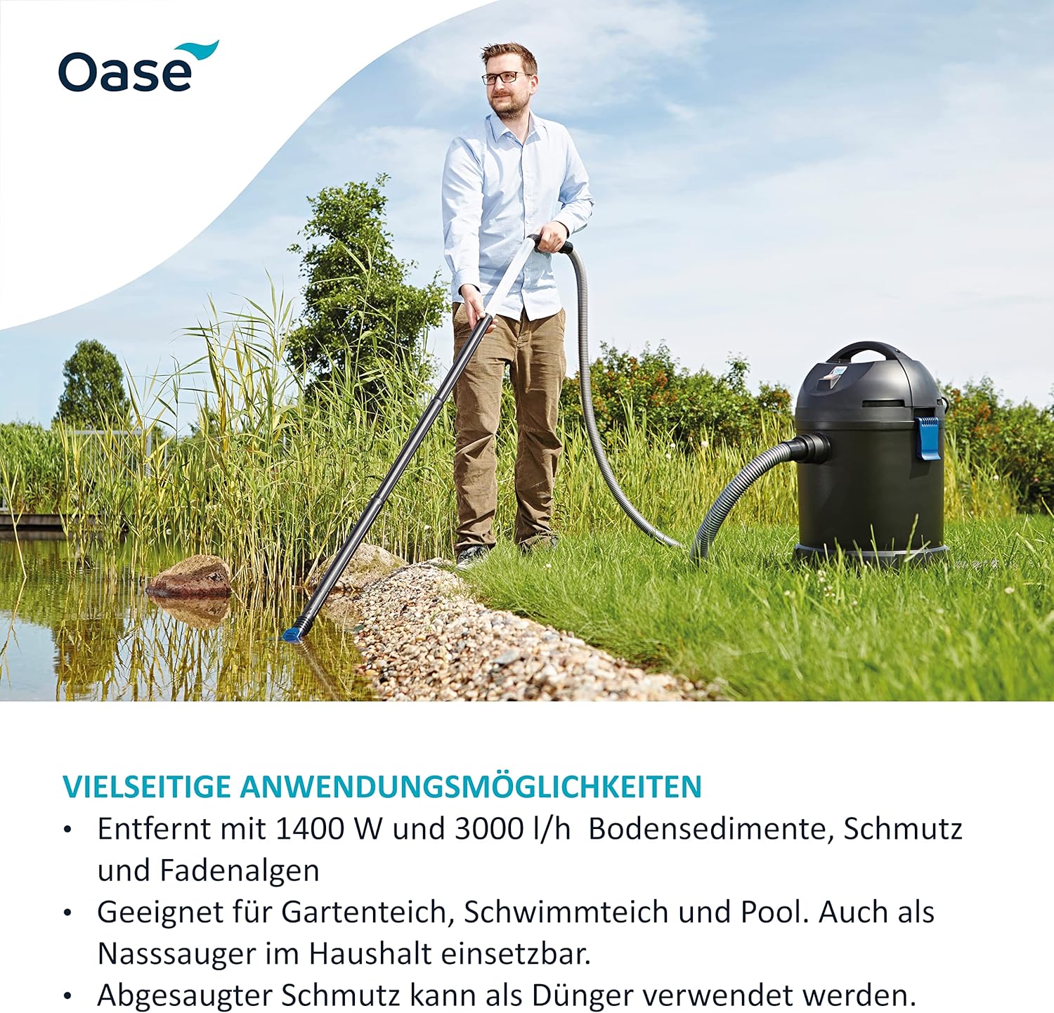 Oase 50529 PondoVac Classic, 1400 W, 3000 l/h - Aspirafango per laghetto, pulizia e trattamento dell'acqua, incluse 4 bocchette di aspirazione per tutti i tipi di laghetto e per uso domestico