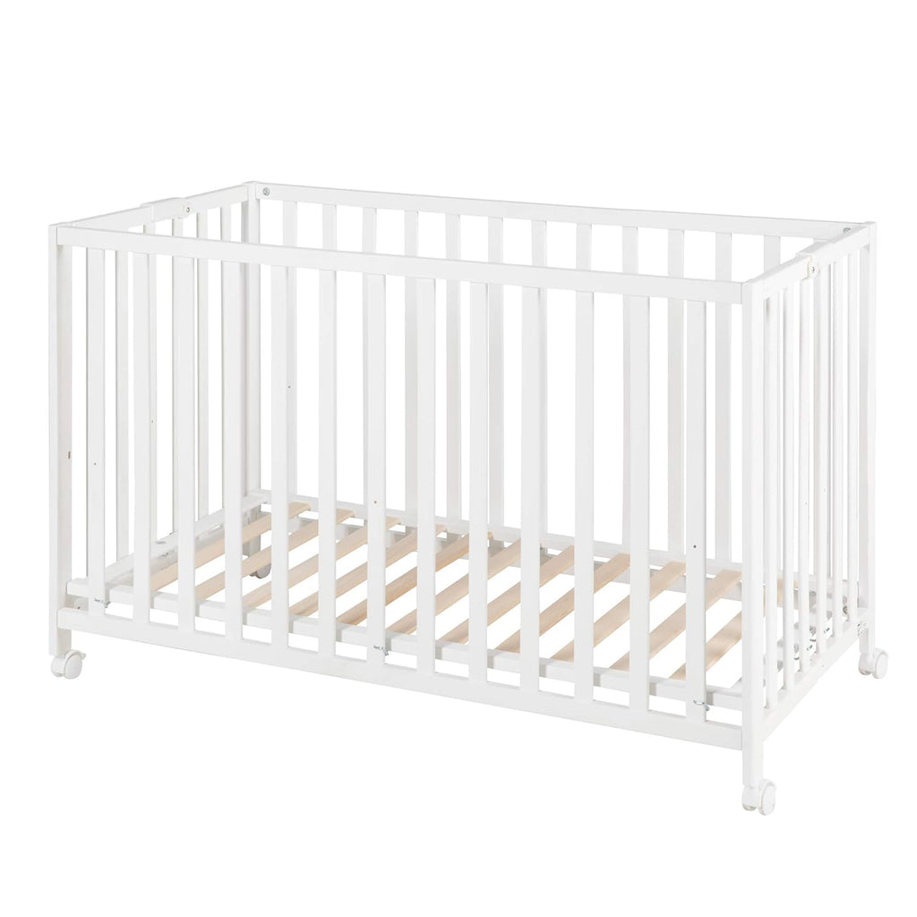 roba Klappbett Fold Up 60 x 120 - Klappbares Babybett aus Holz - 2-fach höhenverstellbar - Platzsparendes Gitterbett auf Rollen - Weiß