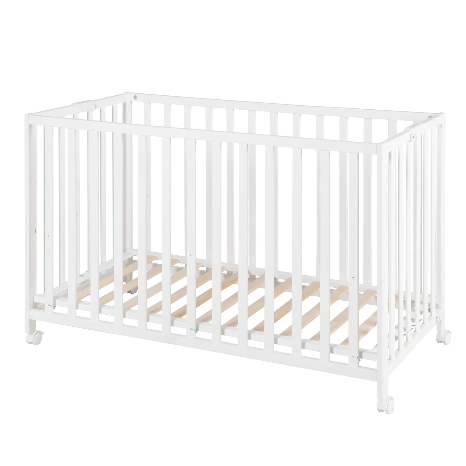 roba Klappbett Fold Up 60 x 120 - Klappbares Babybett aus Holz - 2-fach höhenverstellbar - Platzsparendes Gitterbett auf Rollen - Weiß