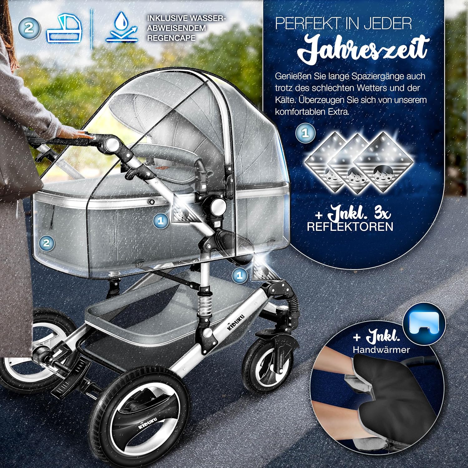 KIDUKU® Set completo passeggino 3 in 1 | Set passeggino combinato con navicella e sedile sportivo passeggino e seggiolino auto ovetto sacco a pelo | Ruote in gomma piena borsa per il cambio scaldamani parapioggia tavolino ECE R129