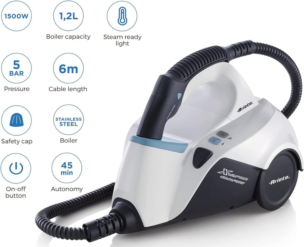 Ariete 4146 XVapor Deluxe Pulitore a Vapore con Ruote, 5 bar, Vano Porta Accessori Integrato, Autonomia fino a 55 Minuti, Cavo da 6 m, Bianco