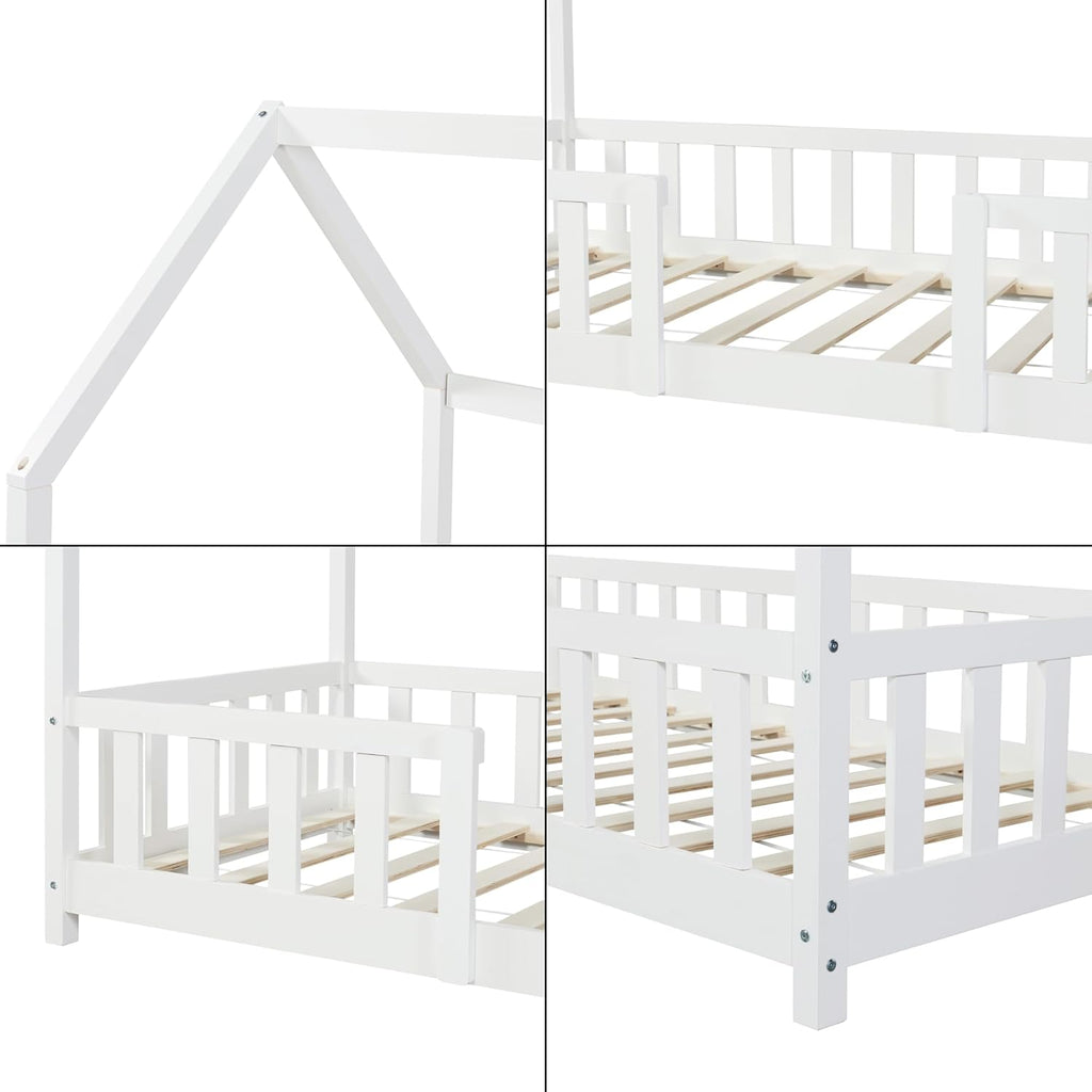 [en.casa] Letto per bambini Sisimiut a capanna 80 x 160 cm con protezione anticaduta letto in legno per bambini letto a terra rete a doghe in legno di pino Bianco opaco