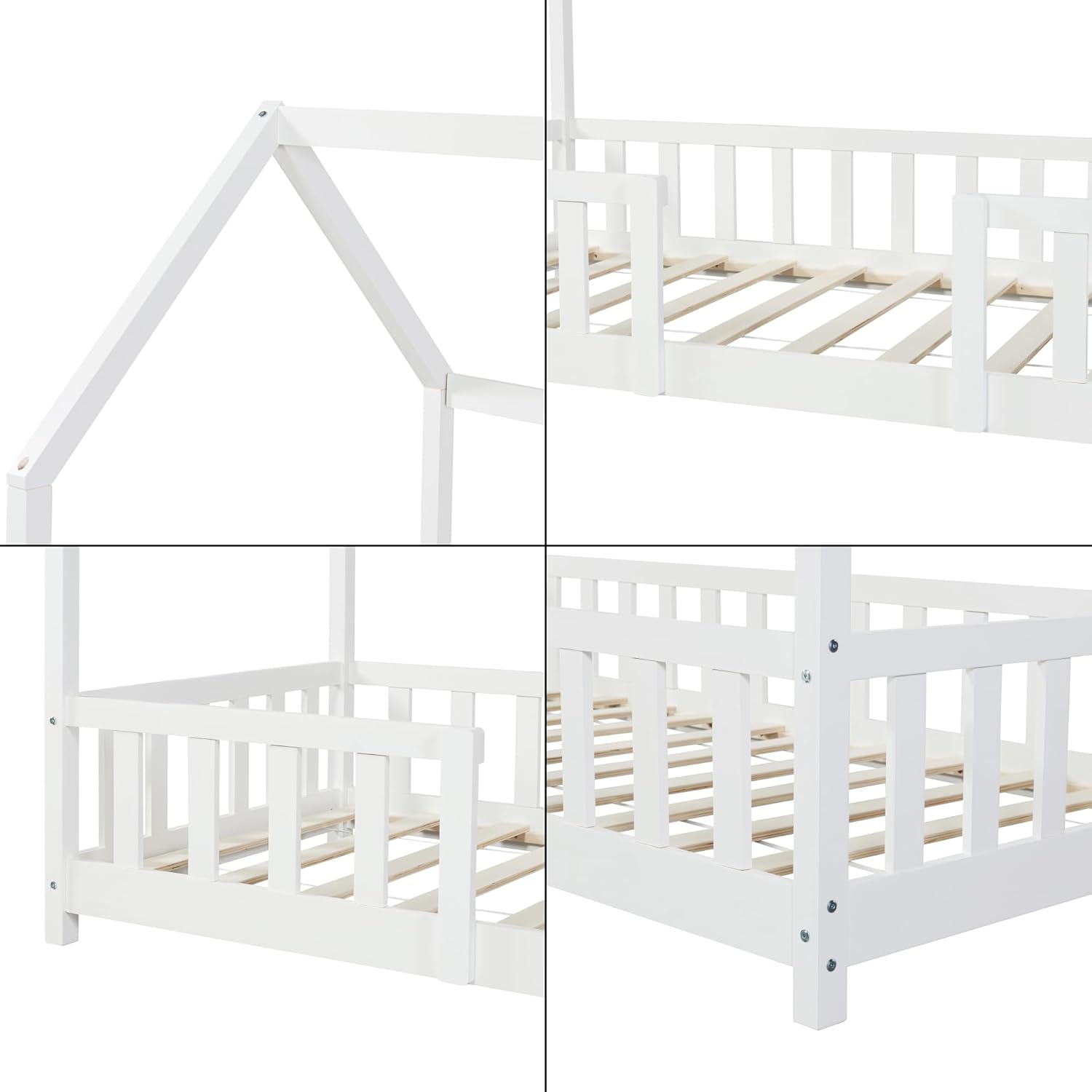 [en.casa] Letto per bambini Sisimiut a capanna 80 x 160 cm con protezione anticaduta letto in legno per bambini letto a terra rete a doghe in legno di pino Bianco opaco