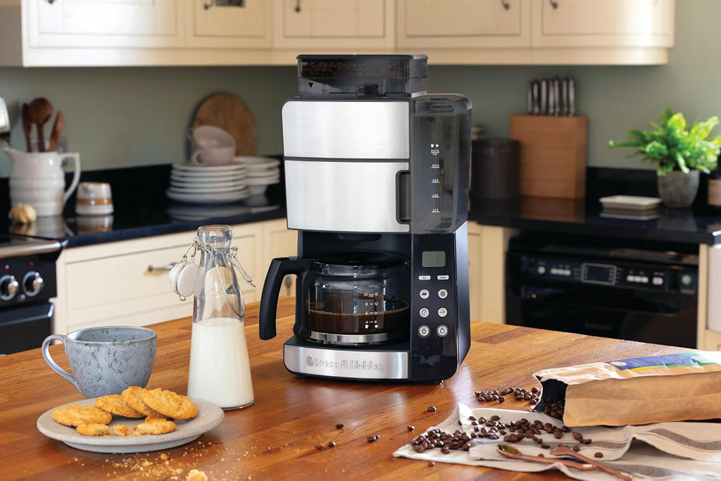 Russell Hobbs Macchina da caffè con macinacaffè integrato, caraffa in vetro [Timer digitale, Doccetta per un'estrazione e un aroma ottimali] Grind&Brew (max 10 tazze, macinatura regolabile in 3 fasi) 25610-56