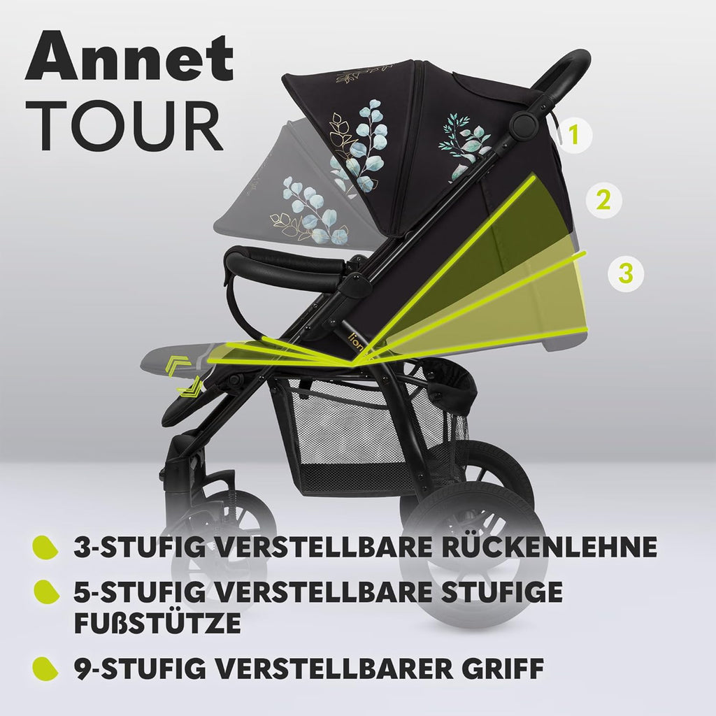 LIONELO Annet Buggy fino a 22 kg con funzione reclinabile, passeggino compatto richiudibile con accessori, ruote in schiuma EVA, zanzariera, coprigambe, portabevande, cestino (Golden Moments, Tour)
