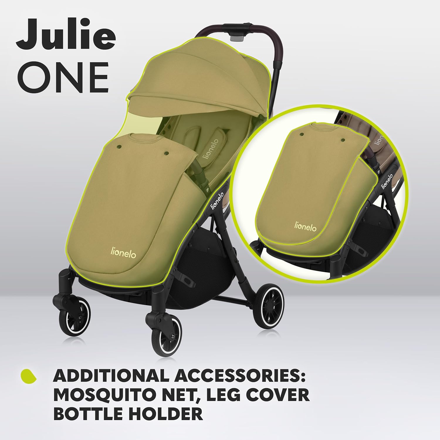 LIONELO Julie One Passeggino da 0 a 22 kg, schienale e poggiagambe regolabili, zanzariera, coprigambe, portabicchieri e borsa da trasporto, pieghevole