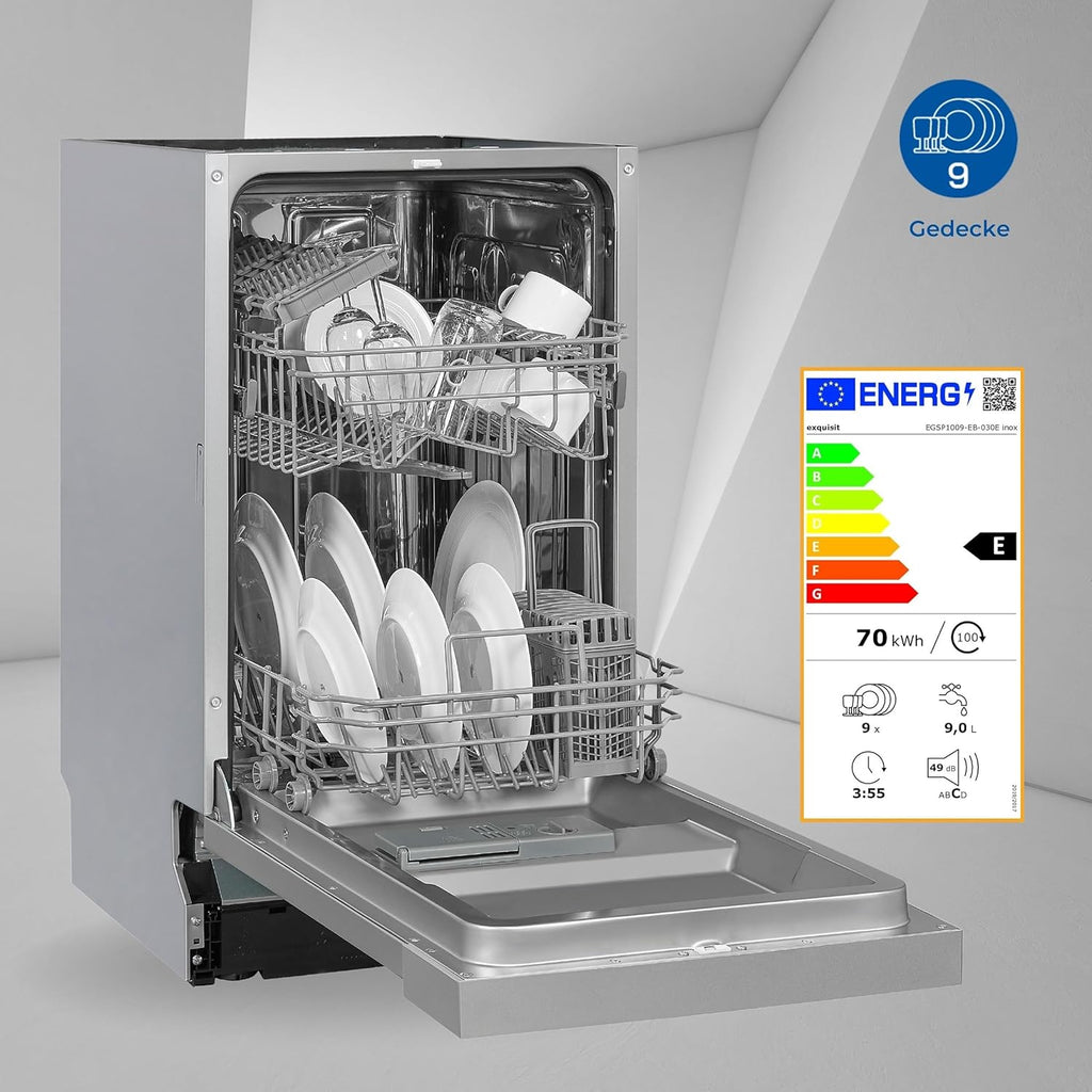 Lavastoviglie Exquisit, 45 cm di larghezza, parzialmente integrata, 9 coperti, 9 litri, partenza ritardata, modalità ECO, lavastoviglie 45 cm, EGSP51009-EB-030E inox