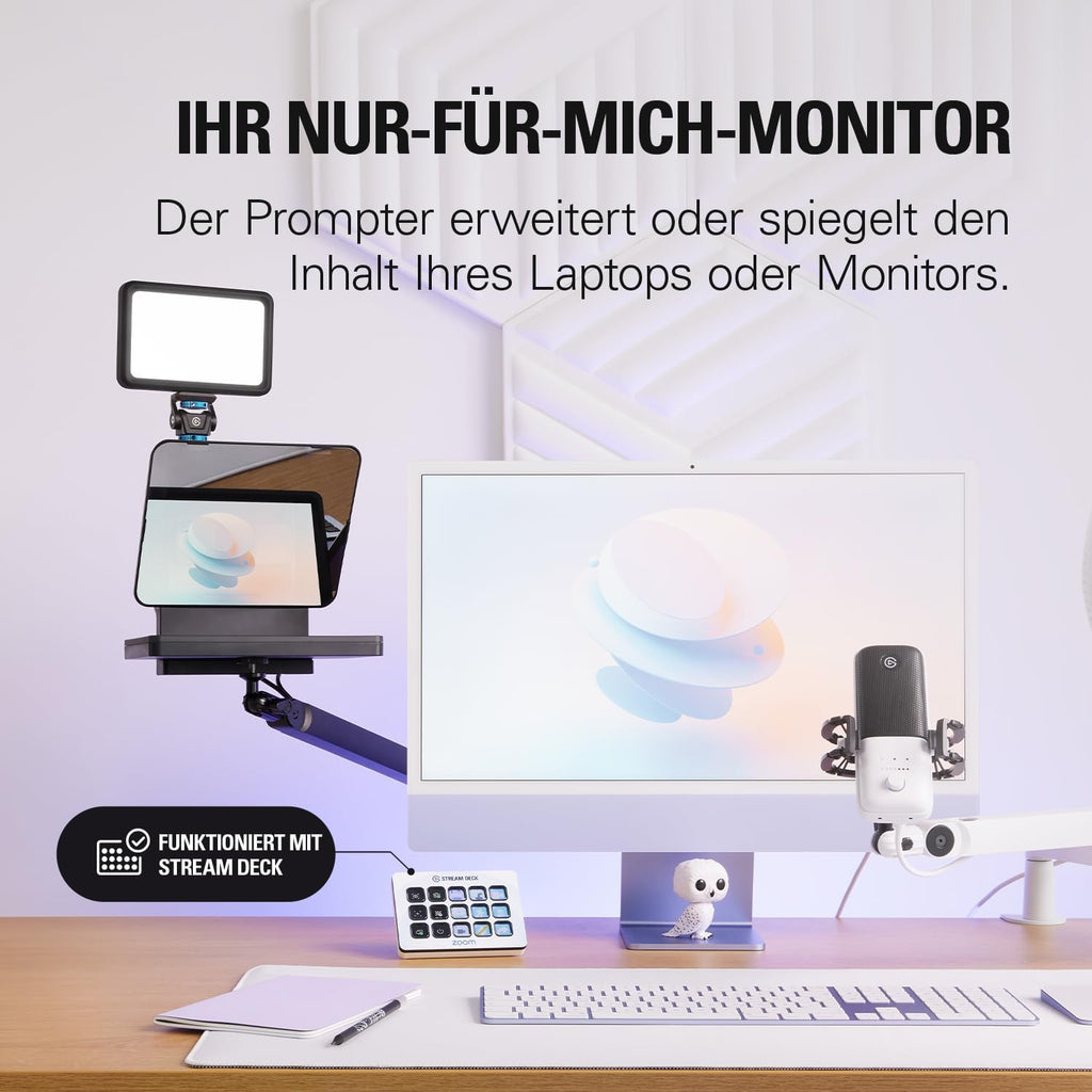 Elgato Prompter – Teleprompter mit integriertem Bildschirm für YouTube, Twitch, Zoom, Teams und mehr, unterstützt DSLR/Webcam/Smartphone, Drag&Drop-Monitoranzeige, funktioniert mit Mac/PC&Stream Deck