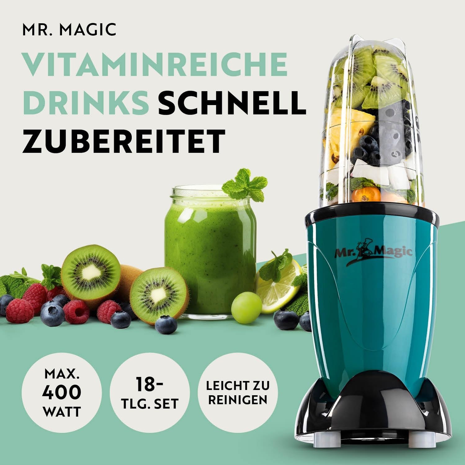 GOURMETmaxx Frullatore per Smoothie e Frullatore a Immersione Set da 18 pezzi - 400W | Frullatore Elettrico da 750ml, Mixer con 4 Bicchiere To-Go, 2 Lame, Spremiagrumi, Piedistallo e Coperchio | Lavabile in Lavastoviglie, a Prova di Perdite e Senza BPA