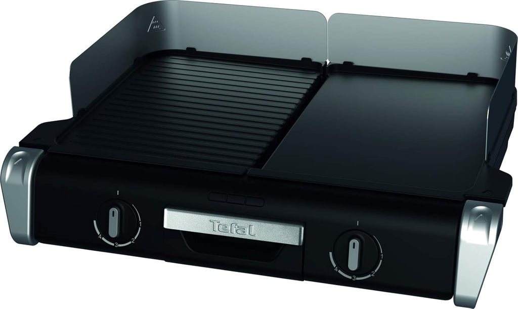 Tefal Maxi Plancha Elektro-Tischgrill CB690D, Extra groß, Antihaft Teppanyaki Platte, Leichte Reinigung, Innen und außen nutzbar, Inkl. abnehmbarem Windschutz + Spatel, 2300W, Schwarz/Silber
