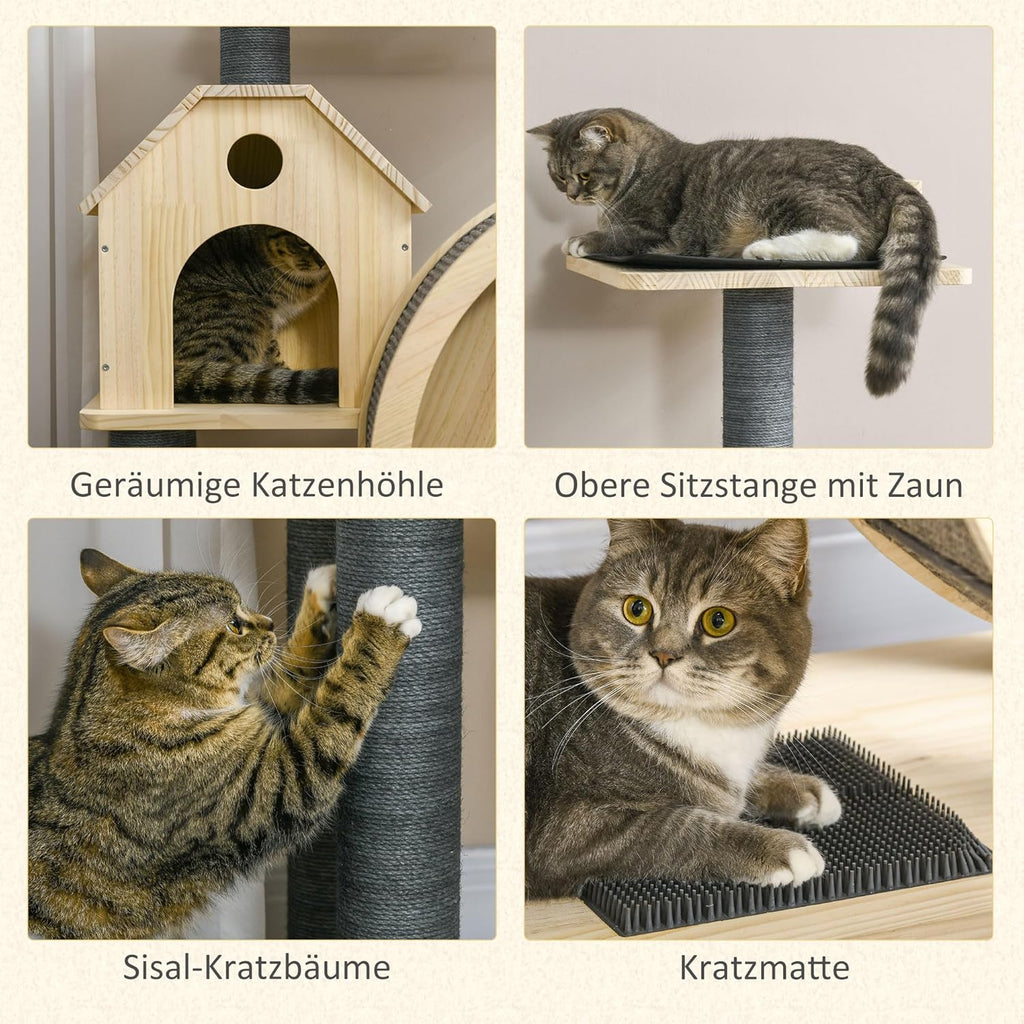 PawHut Katzenbaum mit Laufrad 4-Stock Kratzbaum Katzenhaus mit Sisalsäulen Katzenhöhle Kiefernholz Natur 80 x 50 x 143 cm